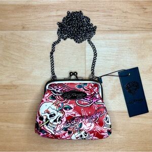 Ed Hardy Graffiti Tattoo Skull Print Crystal Coin Purse w/ Strap